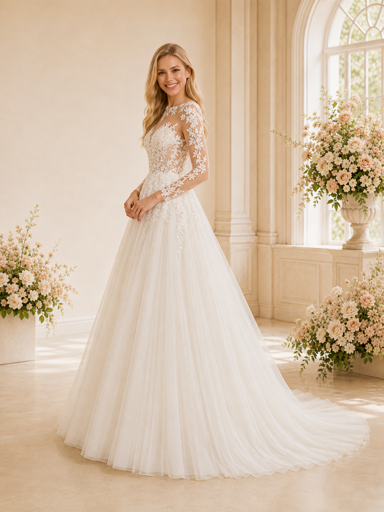ChicSew Romantic Illusion A-Line Boning Lace Tulle Long Wedding Dresses With Button