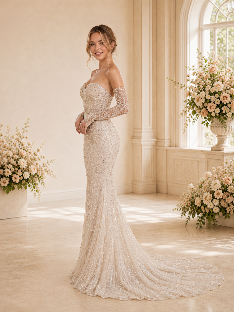 ChicSew Sexy Mermaid Lace Tulle Sweetheart Maxi Long Wedding Dress With Sequin