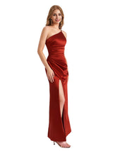 Modern One Shoulder Silky Satin Mermaid Long Bridesmaid Dresses Side Split