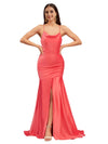 Elegant Spaghetti Straps Slit Mermaid Soft Satin Long Bridesmaid Dresses Online