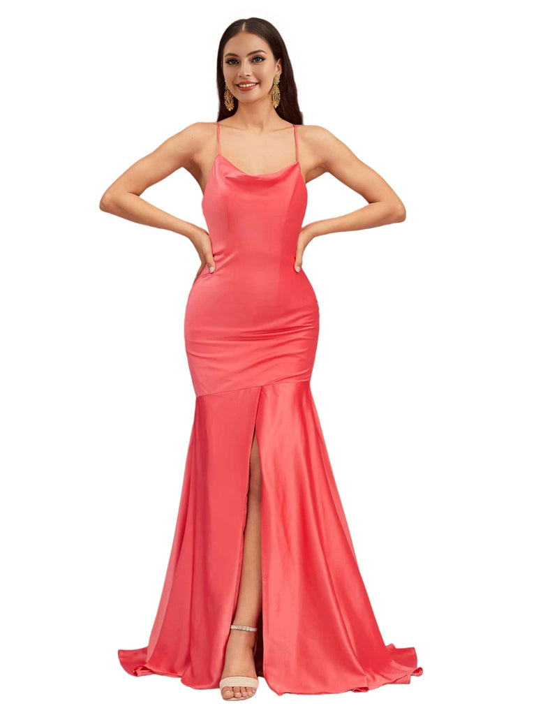 Elegant Spaghetti Straps Slit Mermaid Soft Satin Long Bridesmaid Dresses Online
