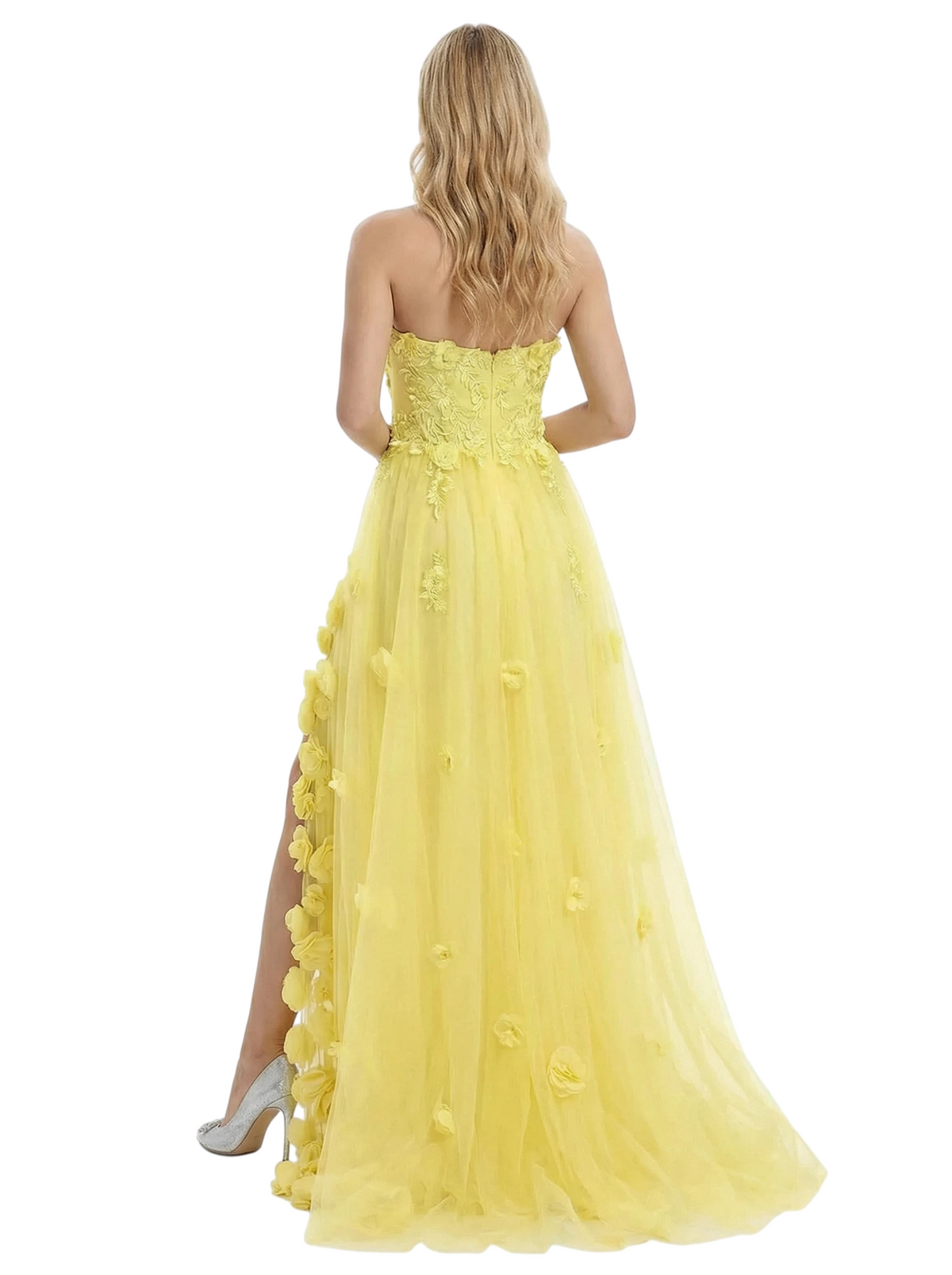 Chicsew Elegant Lace Appliques Flower Strapless V-Neck A-Line Party Prom Dresses