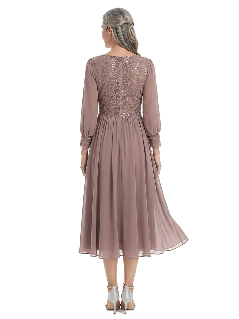 ChicSew Classy A-Line Chiffon Tea-Length Mother Of The Bride Dress With Long Sleeves Lace Applique