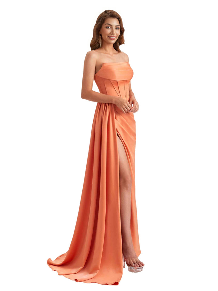 Sexy Strapless Mermaid Soft Satin Side Slit Pretty Long Bridesmaid Dresses Online