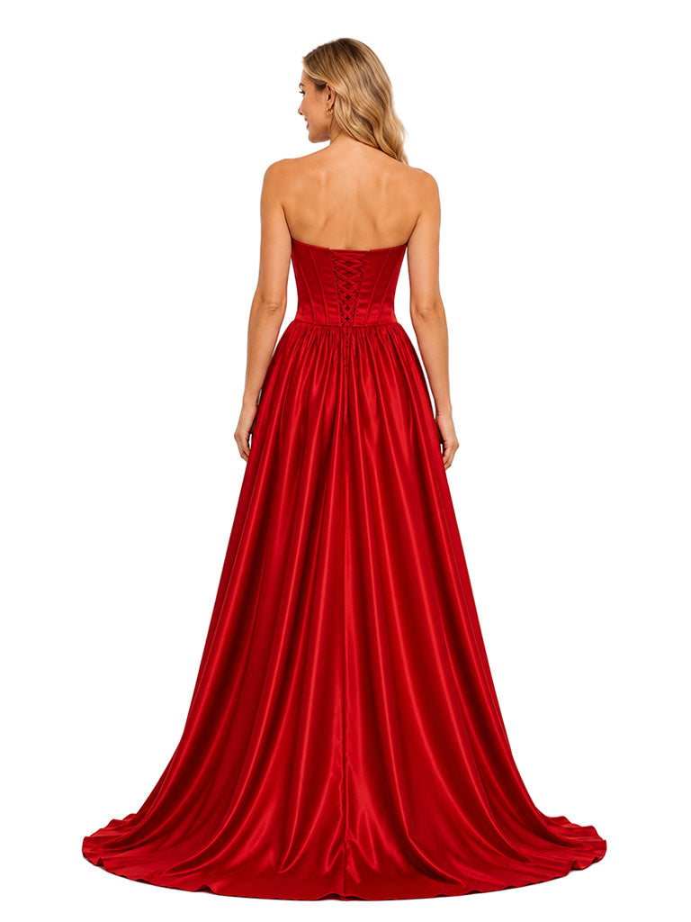 ChicSew Glamorous Strapless Sweetheart Boning Bridal Party Soft Satin Floor-Length Rhinestone A-Line Bridesmaid Gown