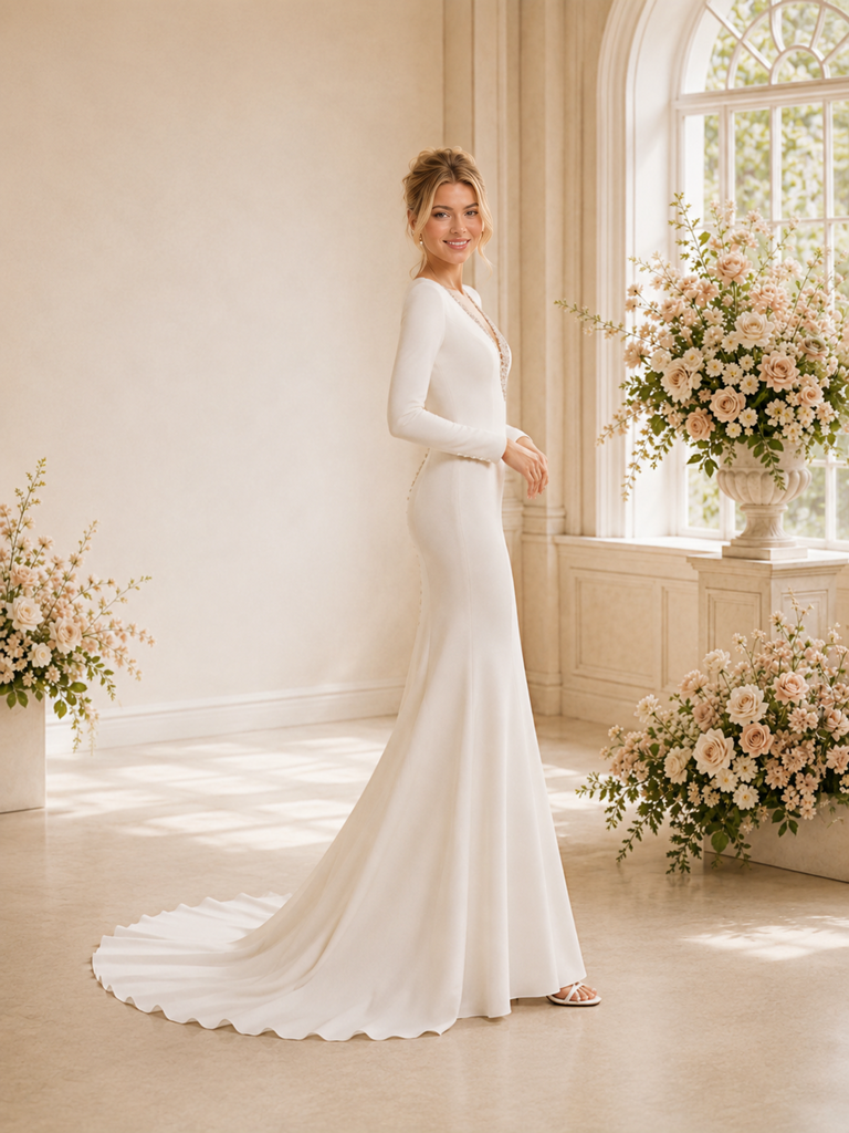 ChicSew Elegant Unique Beaded V-Neck Long Sleeves Crepe Mermaid Maxi Wedding Dress With Train