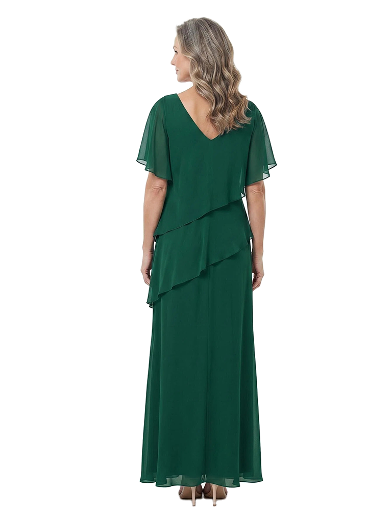 ChicSew V-Neck Flutter Sleeve Chiffon Tiered Ruffle Ankle Length Mother of the Bride Dress