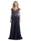 Elegant Cap Sleeves V-Neck Lace Chiffon A-line Mother of The Bride Dresses