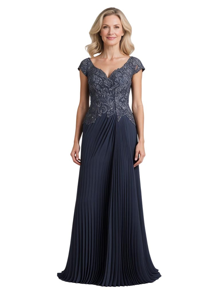 Elegant Cap Sleeves V-Neck Lace Chiffon A-line Mother of The Bride Dresses