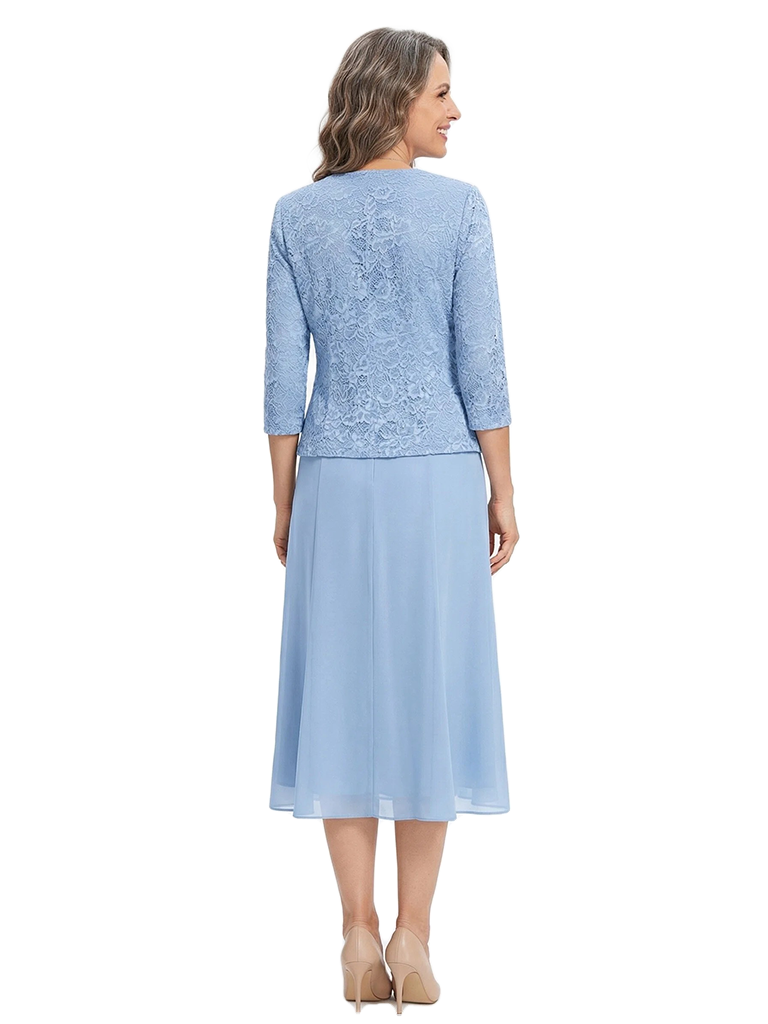 ChicSew Square Neck Lace & Chiffon Mother of The Bride Two Piece Tea-Length Dress with 3/4 Sleeves Jacket