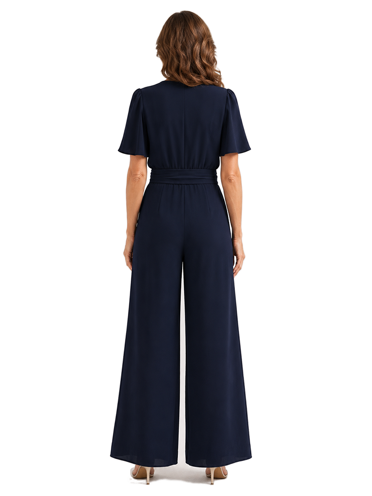 ChicSew V-Neck Chiffon Mother Of The Groom Jumpsuit With Short Sleeves