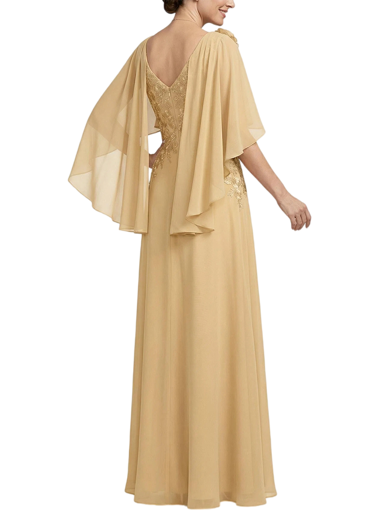 ChicSew V-Neck Flutter Sleeve Lace Side Ruffle Long Chiffon Mother Of The Bride And Groom Dresses