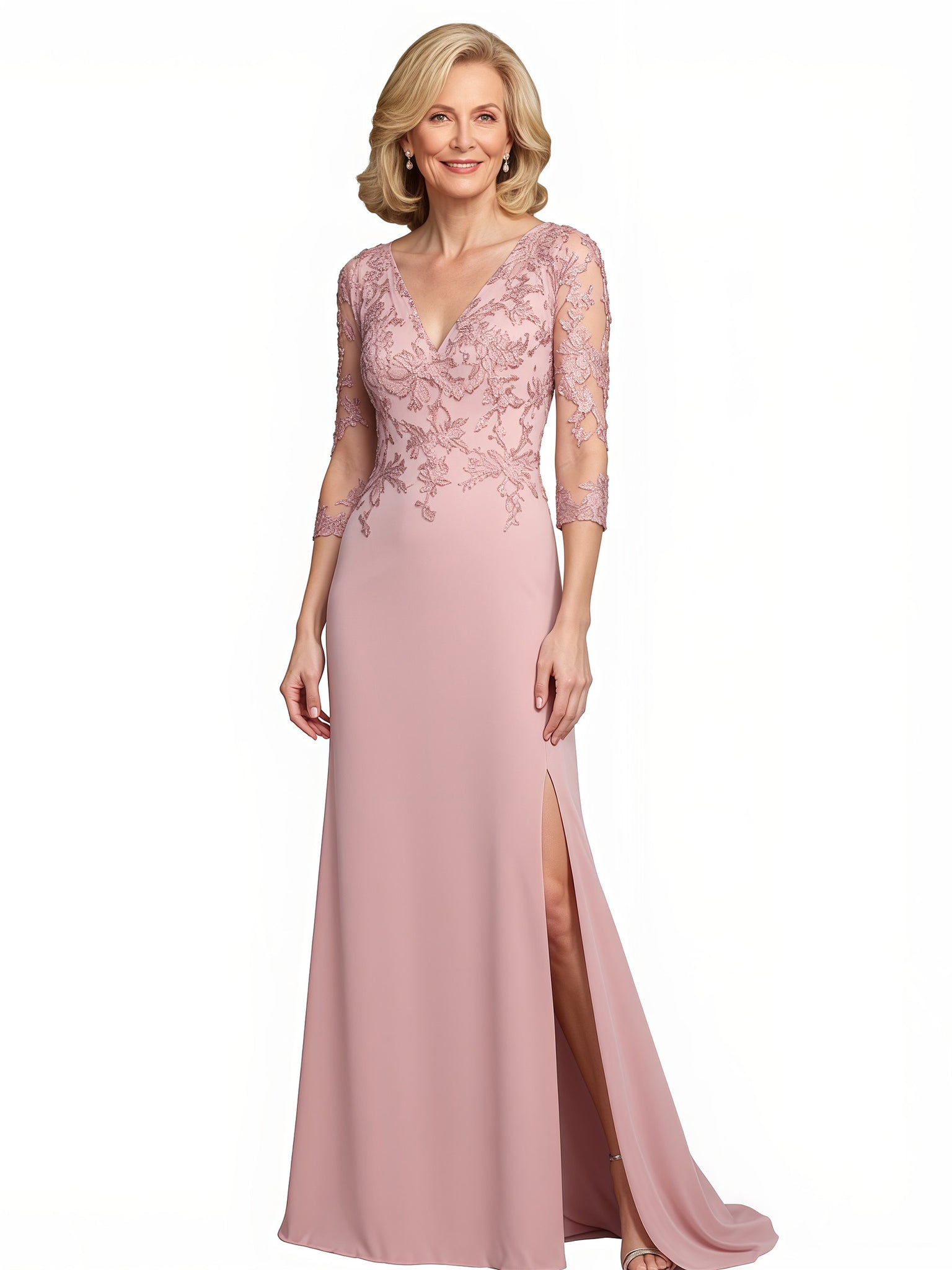 Modern V-Neck 3/4 Sleeves Chiffon Lace Mermaid Maxi Mother Of The Bride and Groom Dresses