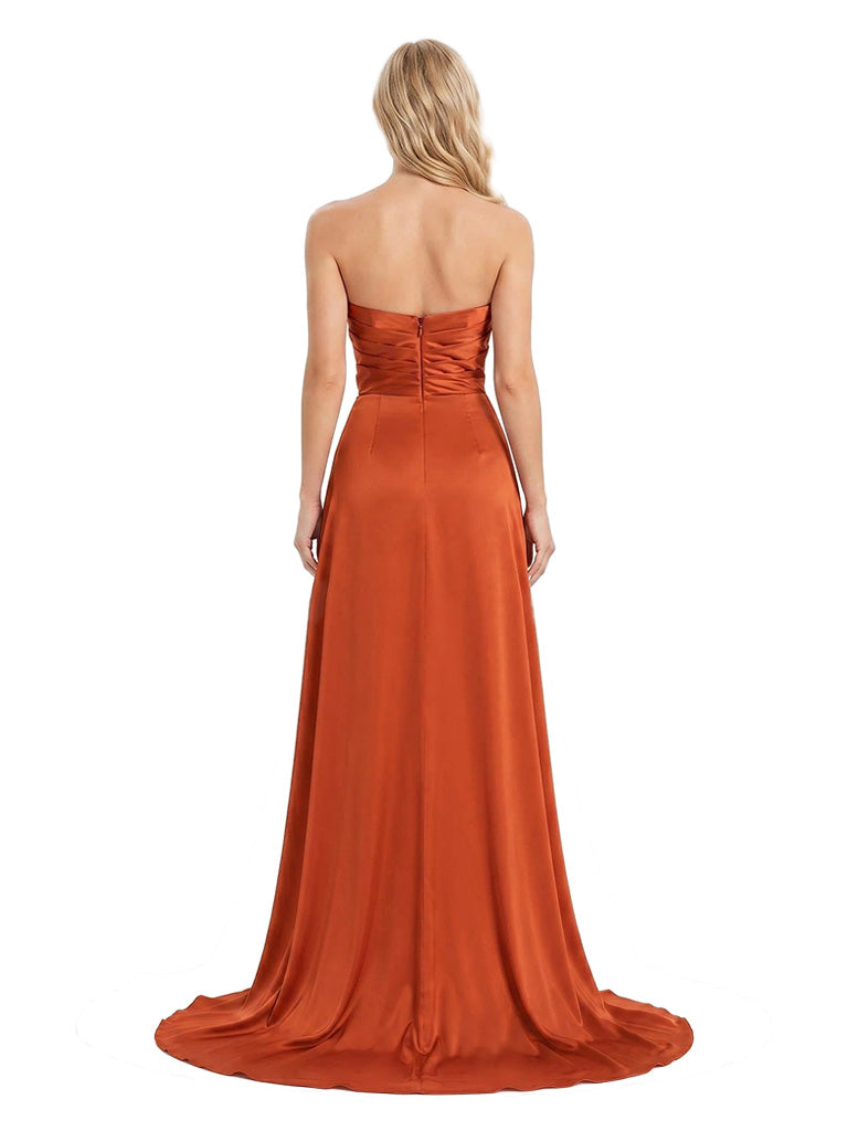 ChicSew Glamorous Strapless Soft Satin Maid Of Honor Dress With Ruched Bodice Mermaid Bridesmaid Gown