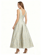 ChicSew Elegant Floral Jacquard V-Neck A-Line Sleeveless Tea Length Formal Evening Dresses