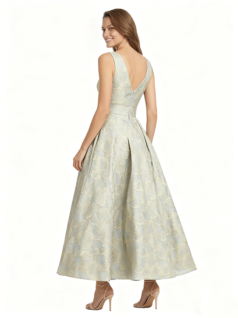 ChicSew Elegant Floral Jacquard V-Neck A-Line Sleeveless Tea Length Formal Evening Dresses