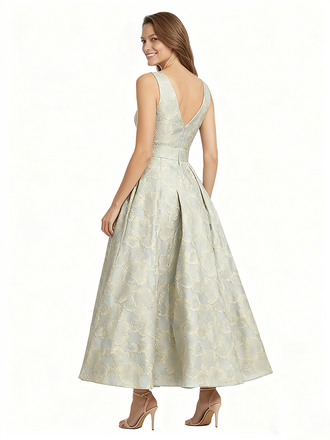 ChicSew Elegant Floral Jacquard V-Neck A-Line Sleeveless Tea Length Formal Evening Dresses