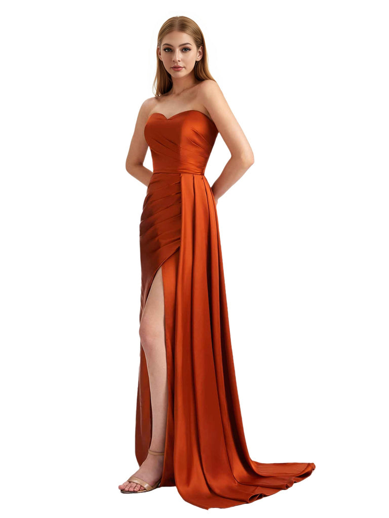 Elegant Sweetheart Strapless Silky Satin Side Split Mermaid Long Bridesmaid Dresses