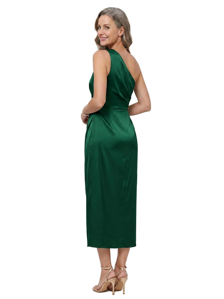 ChicSew Elegant One Shoulder Satin Mother Of The Bride Dress Pleated Bodice Draped Sheath Fit