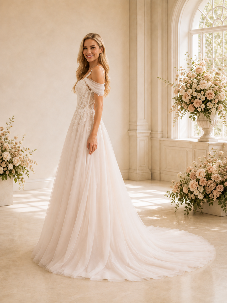 ChicSew Unique A-Line Cold Shoulder Lace Tulle Sleeveless Long Wedding Dresses With Train