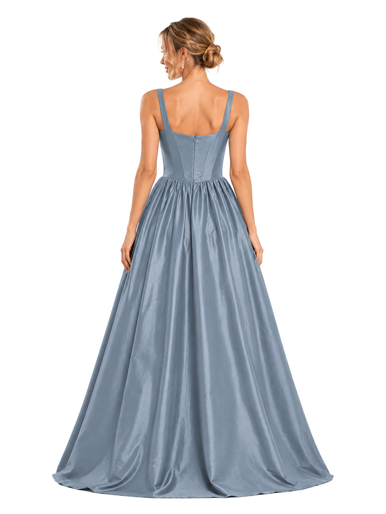ChicSew Spaghetti Straps Square Boning Soft Satin A-Line Floor-Length Long Bridesmaid Dress