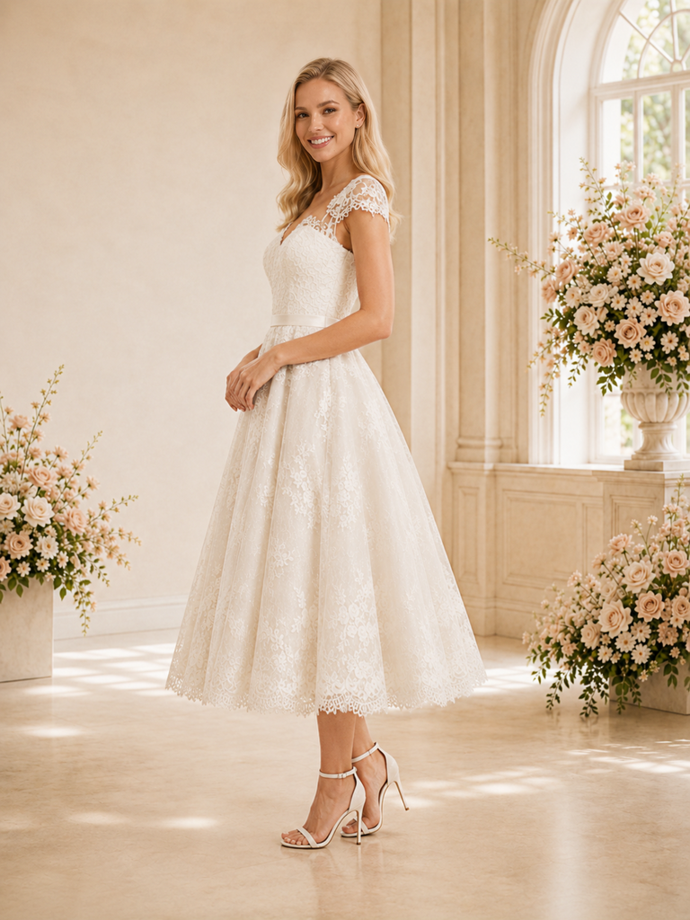 ChicSew Elegant Cap Sleeves Lace Tulle A-Line Tea-Length Wedding Dresses