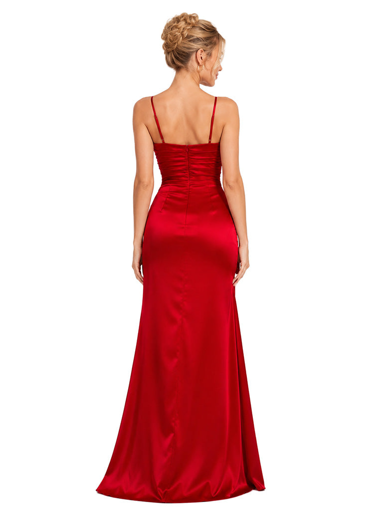 ChicSew Spaghetti Straps Soft Satin Mermaid Ruched Side Slit Floor Bridesmaid Dresses