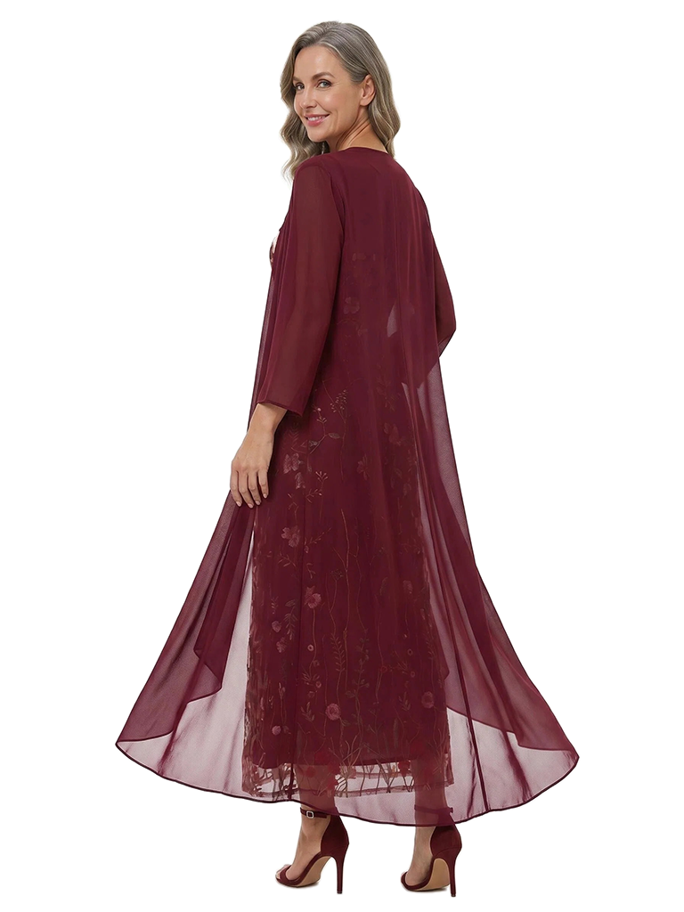 ChicSew Embroidered Floral Mother Of The Bride Dress With Chiffon Jacket Ankle-Length A-Line