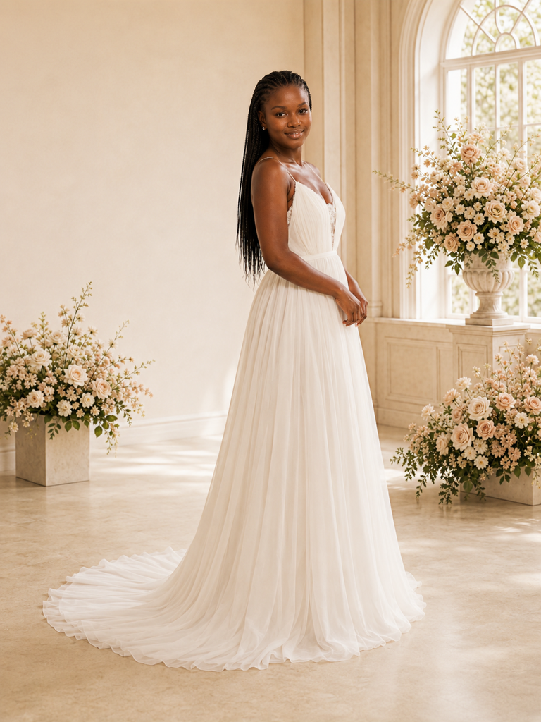 ChicSew Elegant A-Line Spaghetti Straps Lace Chiffon Open Back Maxi Wedding Dress