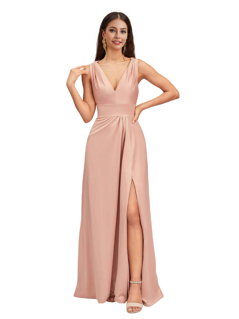 Sexy V-Neck A-Line Soft Satin Beauty Long Bridesmaid Dresses Online