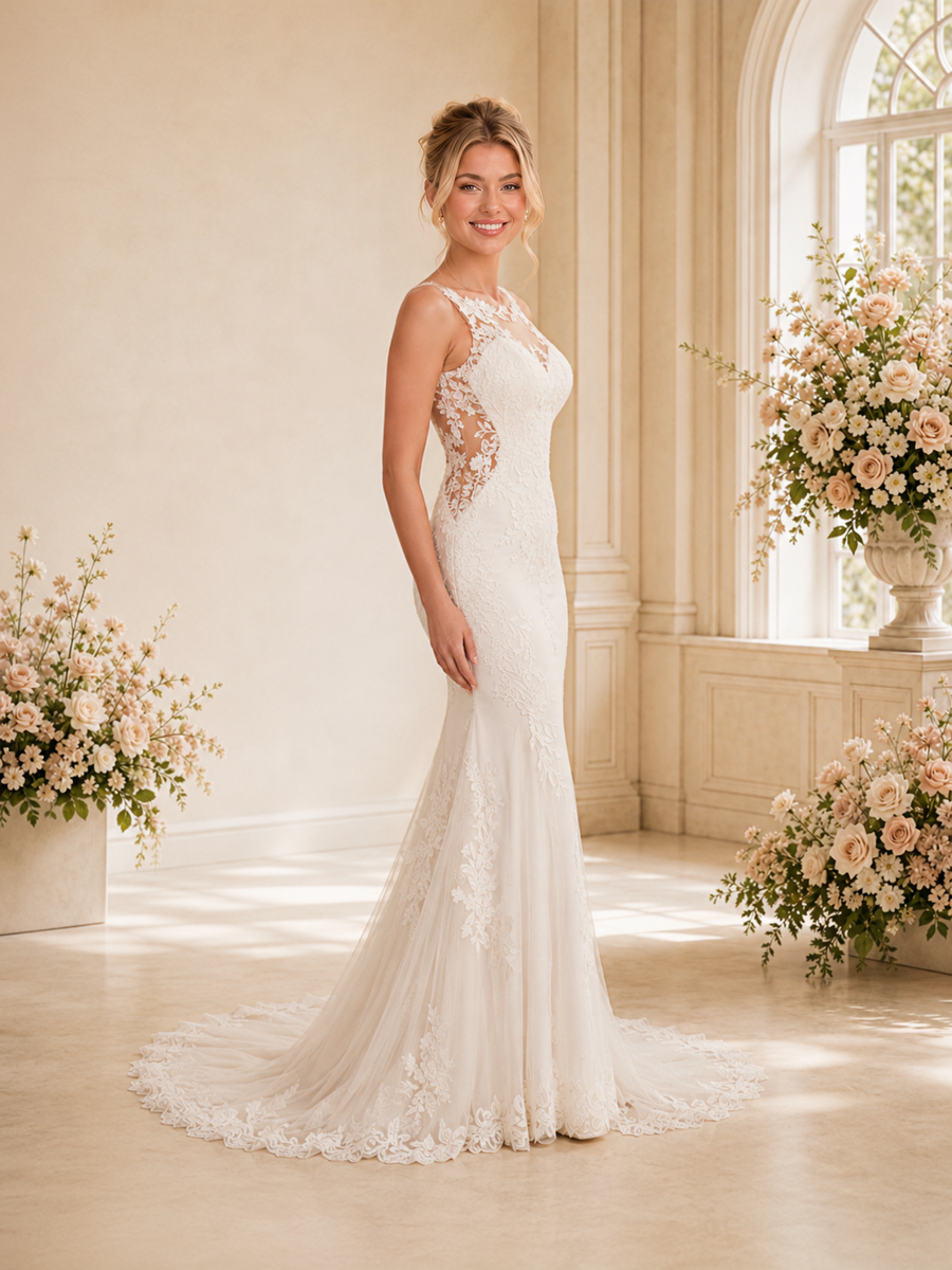ChicSew Romantic Sleeveless Lace Mermaid Floor-Length Wedding Dresses With Train