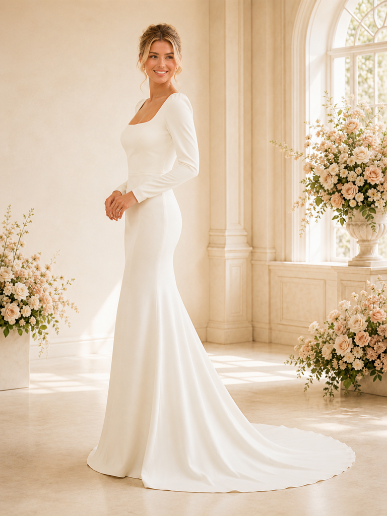 ChicSew Elegant Square Long Sleeves Mermaid Crepe Maxi Long Wedding Dress