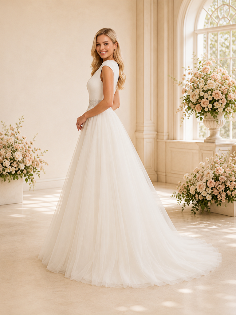 ChicSew Fancy Deep V-Neck Sleeveless A-Line Tulle Floor-Length Wedding Dress With Applique