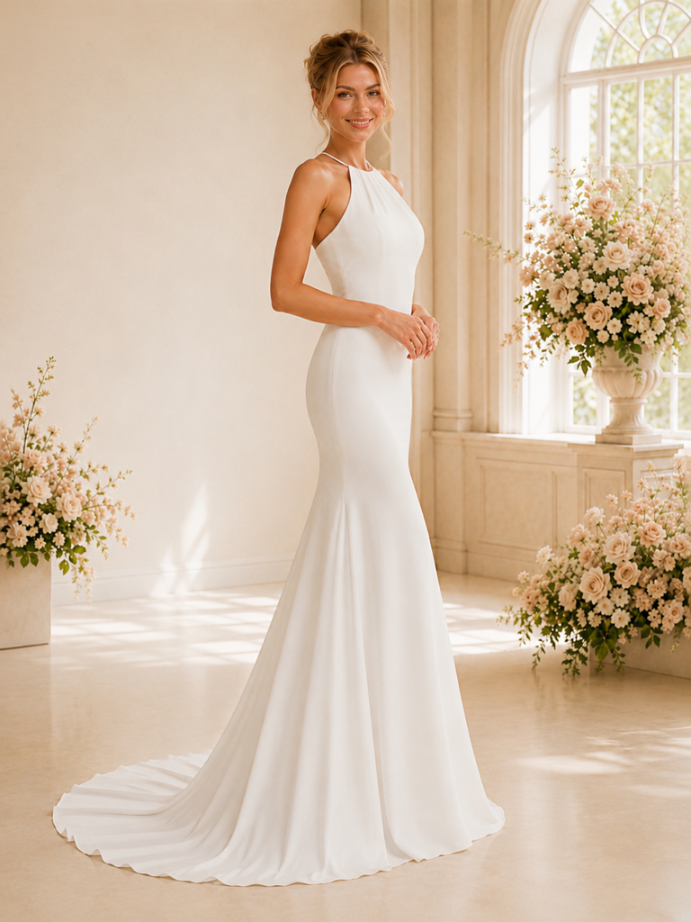 ChicSew Elegant Halter Sleeveless Mermaid Crepe Floor-Length Wedding Dress