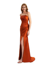 Elegant Sweetheart Strapless Silky Satin Side Split Mermaid Long Bridesmaid Dresses