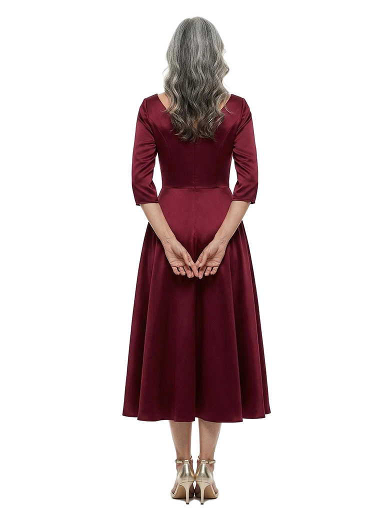 ChicSew Long Sleeve Ruched Satin Tea-Length Mother Of The Bride Dress With V-Neck