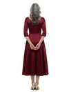 ChicSew Long Sleeve Ruched Satin Tea-Length Mother Of The Bride Dress With V-Neck