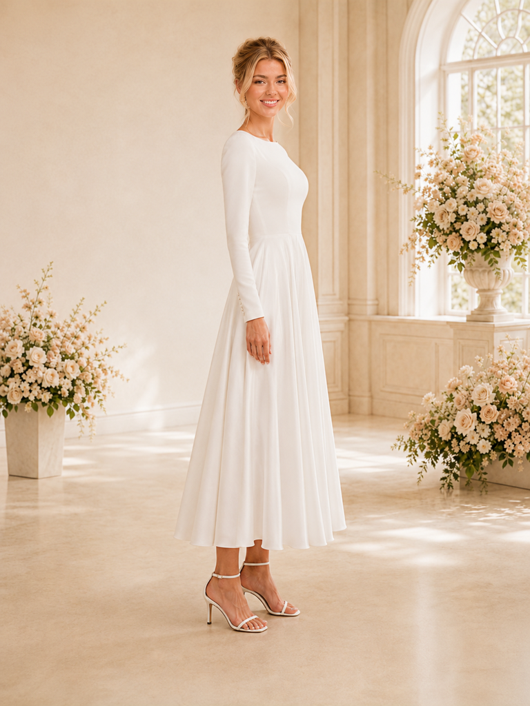 ChicSew Simple A-Line Jewel Long Sleeves Satin Tea-Length Wedding Dresses
