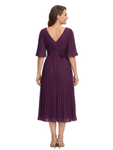 ChicSew V-Neck Half Sleeve Pleats Chiffon Mother Of The Groom Dress A-Line Tea-Length