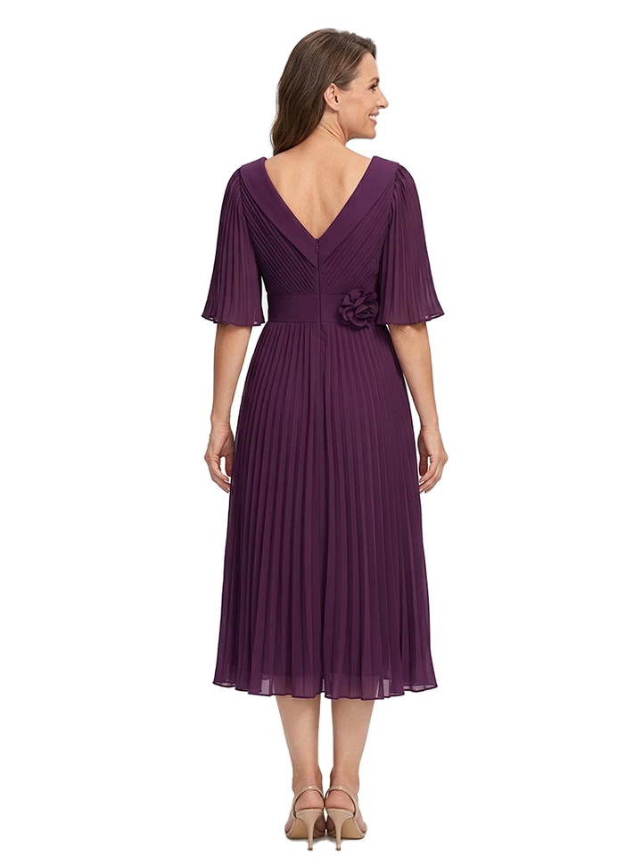 ChicSew V-Neck Half Sleeve Pleats Chiffon Mother Of The Groom Dress A-Line Tea-Length