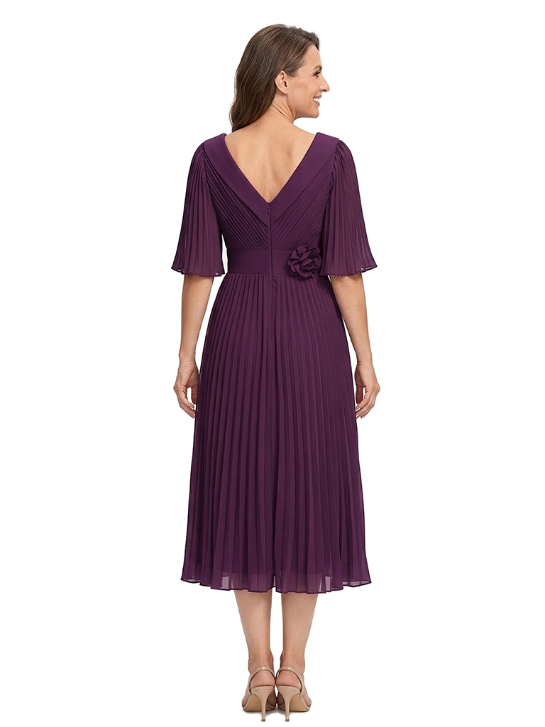ChicSew V-Neck Half Sleeve Pleats Chiffon Mother Of The Groom Dress A-Line Tea-Length