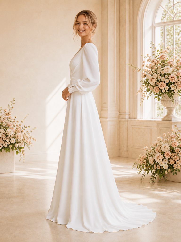 ChicSew Elegant V-Neck Ruching Long Sleeves Chiffon A-Line Maxi Wedding Dress