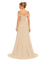 Chicsew Off Shoulder Sleeveless Chiffon A-Line Long Bridesmaid Dresses With Lace Appliques