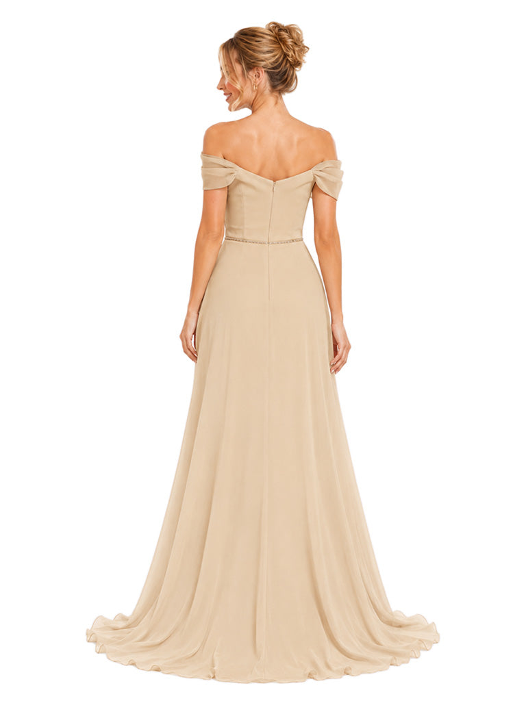 Chicsew Off Shoulder Sleeveless Chiffon A-Line Long Bridesmaid Dresses With Lace Appliques