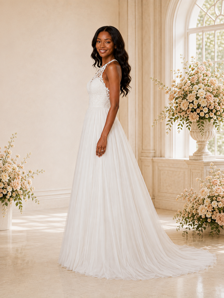 ChicSew Elegant Halter Sleeveless Lace Appliques Chiffon A-Line Maxi Wedding Dress