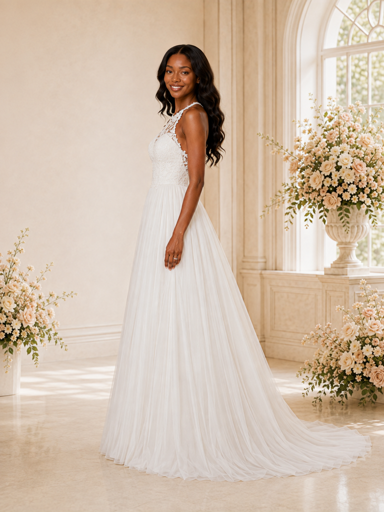 ChicSew Elegant Halter Sleeveless Lace Appliques Chiffon A-Line Maxi Wedding Dress