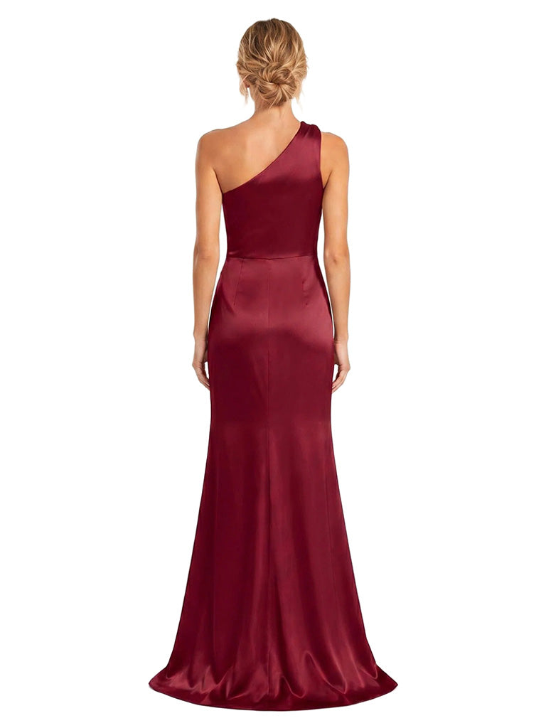 ChicSew One Shoulder Soft Satin Mermaid Side Slit Long Pretty Floor Length Bridesmaid Dress