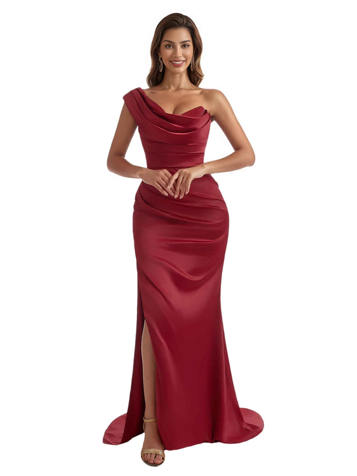 Sexy One Shoulder Side Slit Silky Satin Floor-Length Mermaid Bridesmaid Dresses