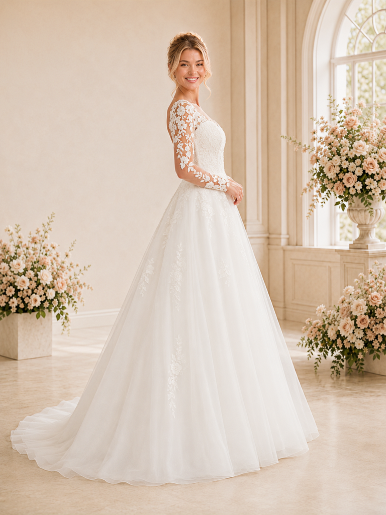ChicSew Classy V-Neck Long Sleeves Lace Tulle A-Line Maxi Long Wedding Dress
