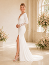 ChicSew Sexy Deep V-Neck Long Sleeves Side Slit Mermaid Crepe Long Wedding Dress